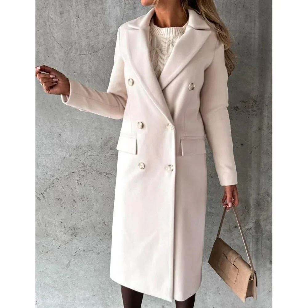 Womens Beige Long Wool Coat Double Breasted Trench Coat Fall Winter Clothes - Picture 2 of 4